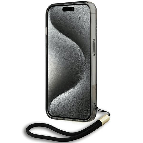 Hülle für Apple iPhone 15 Pro Max, Karl Lagerfeld, IML Luxury Monogram KL Muster mit Trageriemen, Schwarz