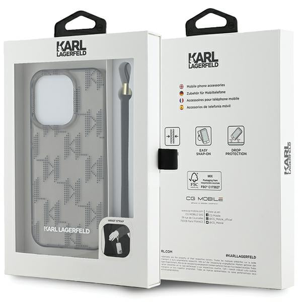 Hülle für Apple iPhone 15 Pro Max, Karl Lagerfeld, IML Luxury Monogram KL Muster mit Trageriemen, Schwarz