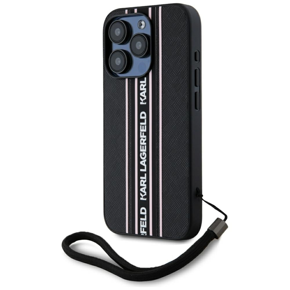Case for Apple iPhone 15 Pro Max, Karl Lagerfeld, Saffiano Athleisure Stripes with Strap, Pink