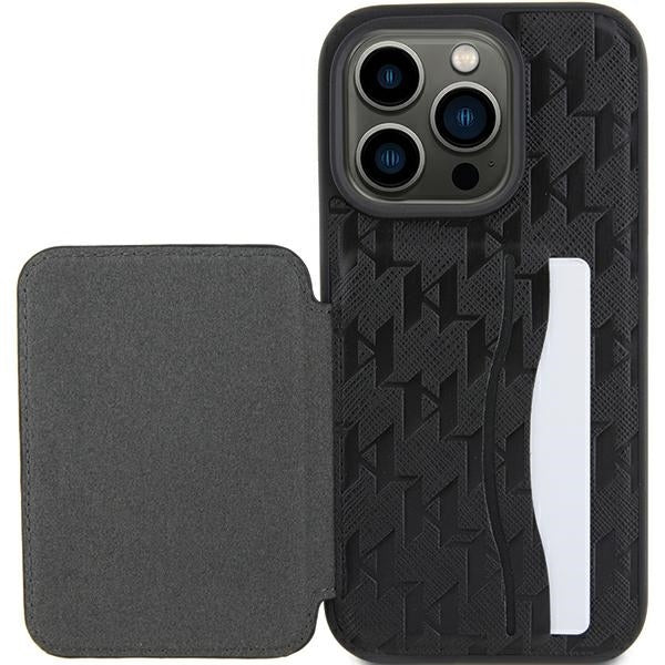 Hülle für Apple iPhone 15 Pro Max, Karl Lagerfeld, Saffiano Kartenfächer und Ständer Monogram Ikonik Karl, Schwarz