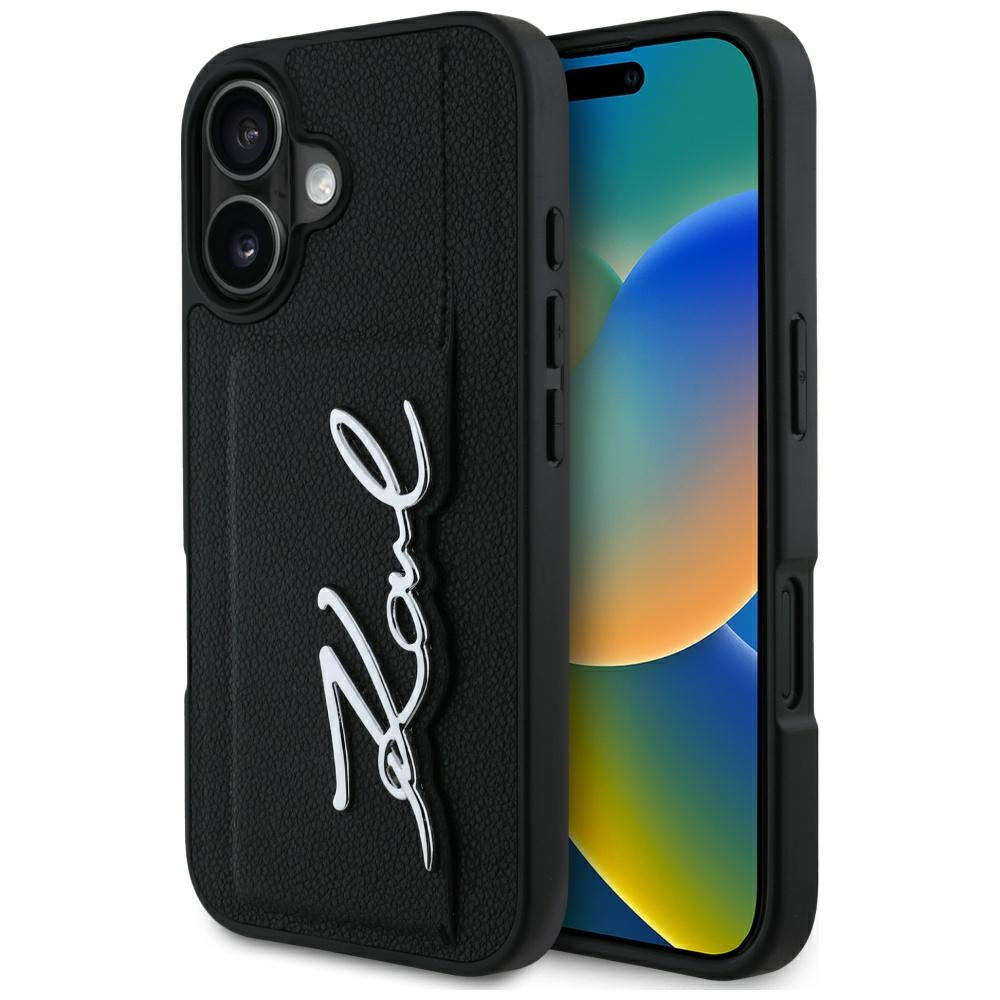 Hülle für Apple iPhone 16, Karl Lagerfeld, Metal Signature, Schwarz