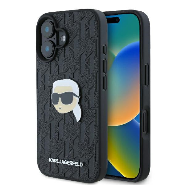 Hülle für Apple iPhone 16, Karl Lagerfeld, Monogram Karl's Head, Schwarz