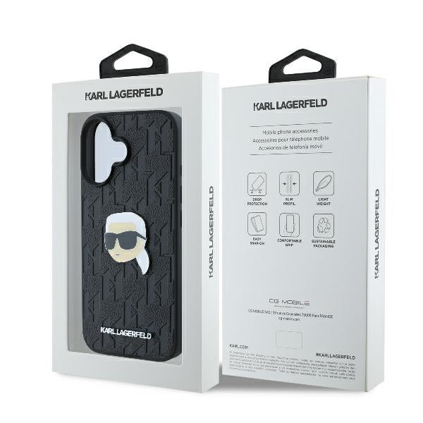 Hülle für Apple iPhone 16, Karl Lagerfeld, Monogram Karl's Head, Schwarz