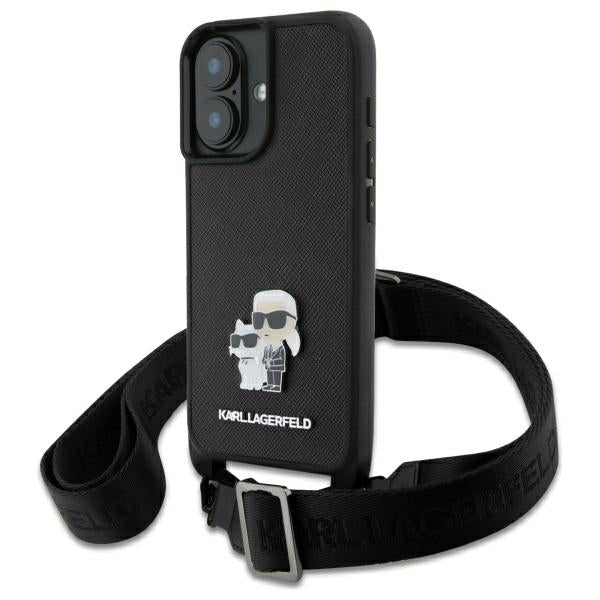 Hülle für Apple iPhone 16, Karl Lagerfeld, Saffiano Crossbody Metal Pin Karl & Choupette, Weiß