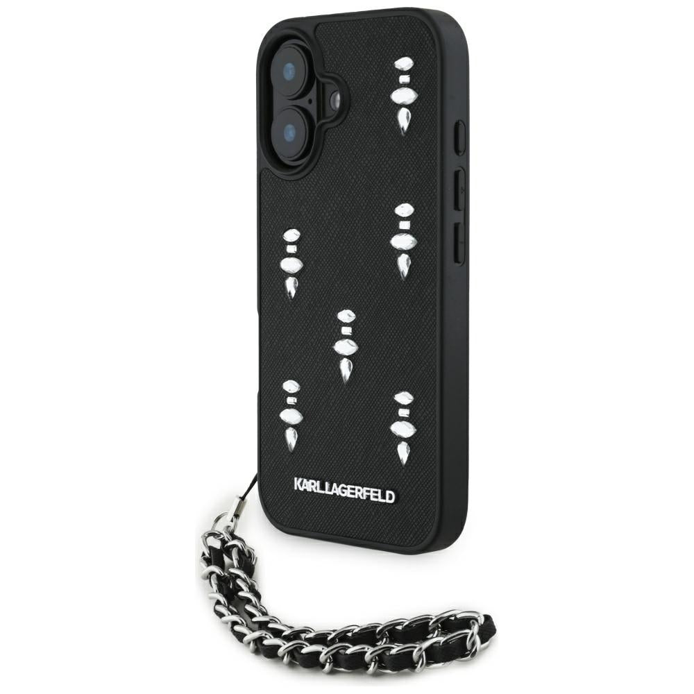 Hülle für Apple iPhone 16, Karl Lagerfeld, Saffiano Crystals & Charm, Schwarz