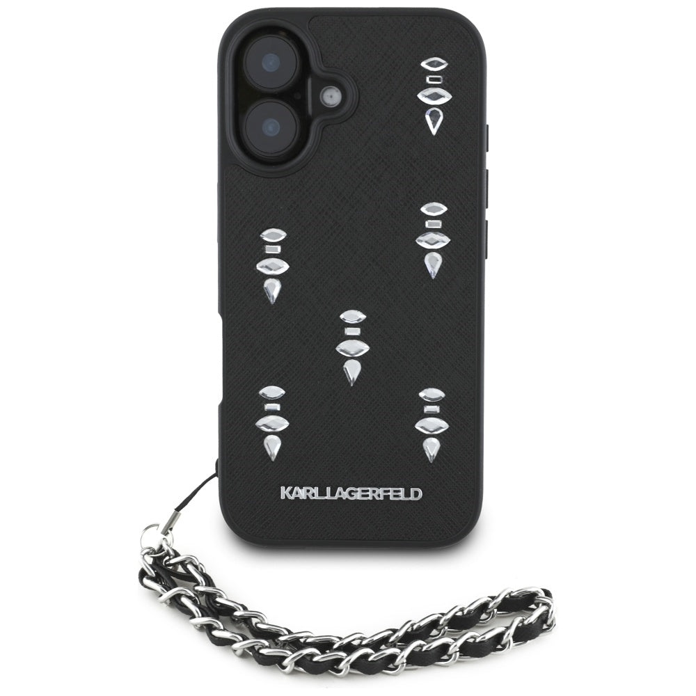 Hülle für Apple iPhone 16, Karl Lagerfeld, Saffiano Crystals & Charm, Schwarz