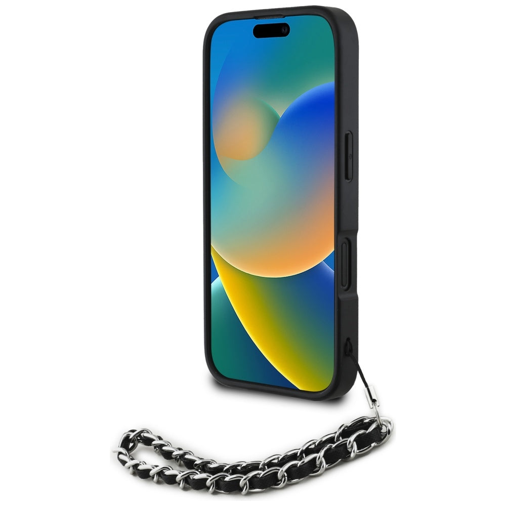 Hülle für Apple iPhone 16, Karl Lagerfeld, Saffiano Crystals & Charm, Schwarz