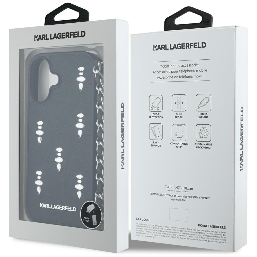 Hülle für Apple iPhone 16, Karl Lagerfeld, Saffiano Crystals & Charm, Schwarz