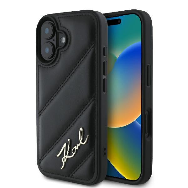 Hülle für Apple iPhone 16 Plus, Karl Lagerfeld, Diagonal Quilted Script, Schwarz