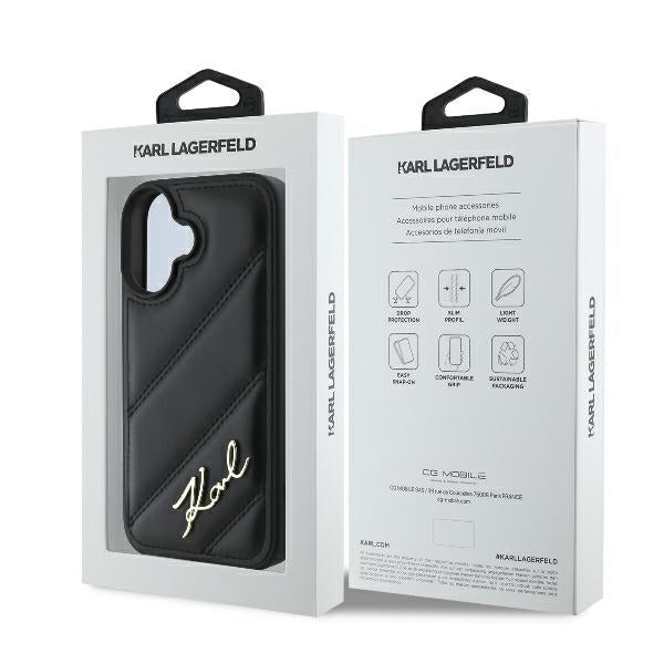 Hülle für Apple iPhone 16 Plus, Karl Lagerfeld, Diagonal Quilted Script, Schwarz