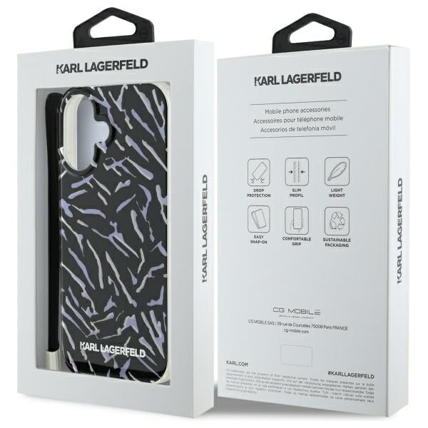 Hülle für Apple iPhone 16 Plus, Karl Lagerfeld, Zebra mit Kordelband, Lila