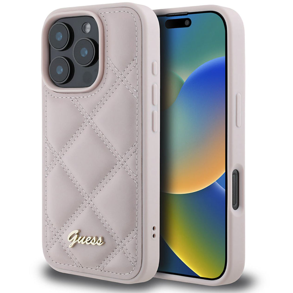 Hülle für Apple iPhone 16 Pro, Guess, Quilted Metal Logo, Rosa