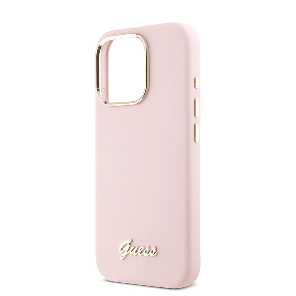 Hülle für Apple iPhone 16 Pro, Guess, Script Metal Logo & Rahmen, Rosa