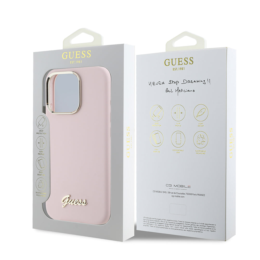 Hülle für Apple iPhone 16 Pro, Guess, Script Metal Logo & Rahmen, Rosa