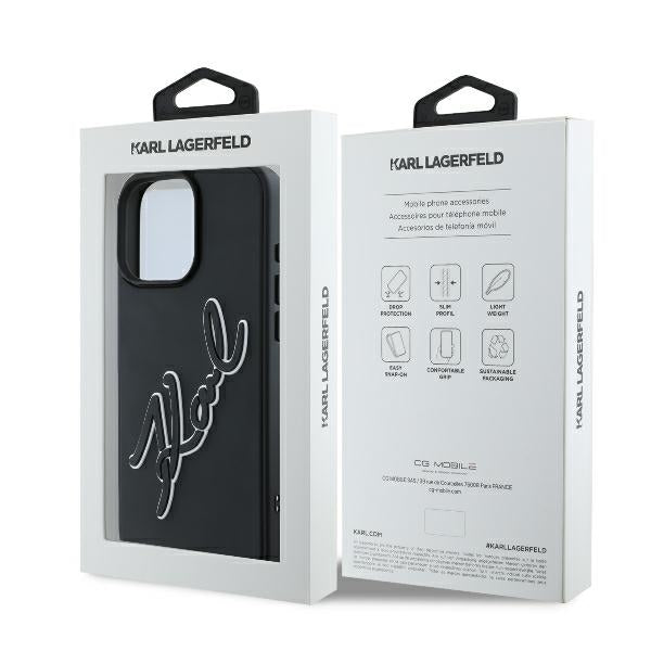 Hülle für Apple iPhone 16 Pro, Karl Lagerfeld, 3D Rubber Signature, Schwarz