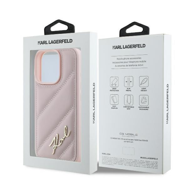 Hülle für Apple iPhone 16 Pro, Karl Lagerfeld, Diagonal Quilted Script, Rosa