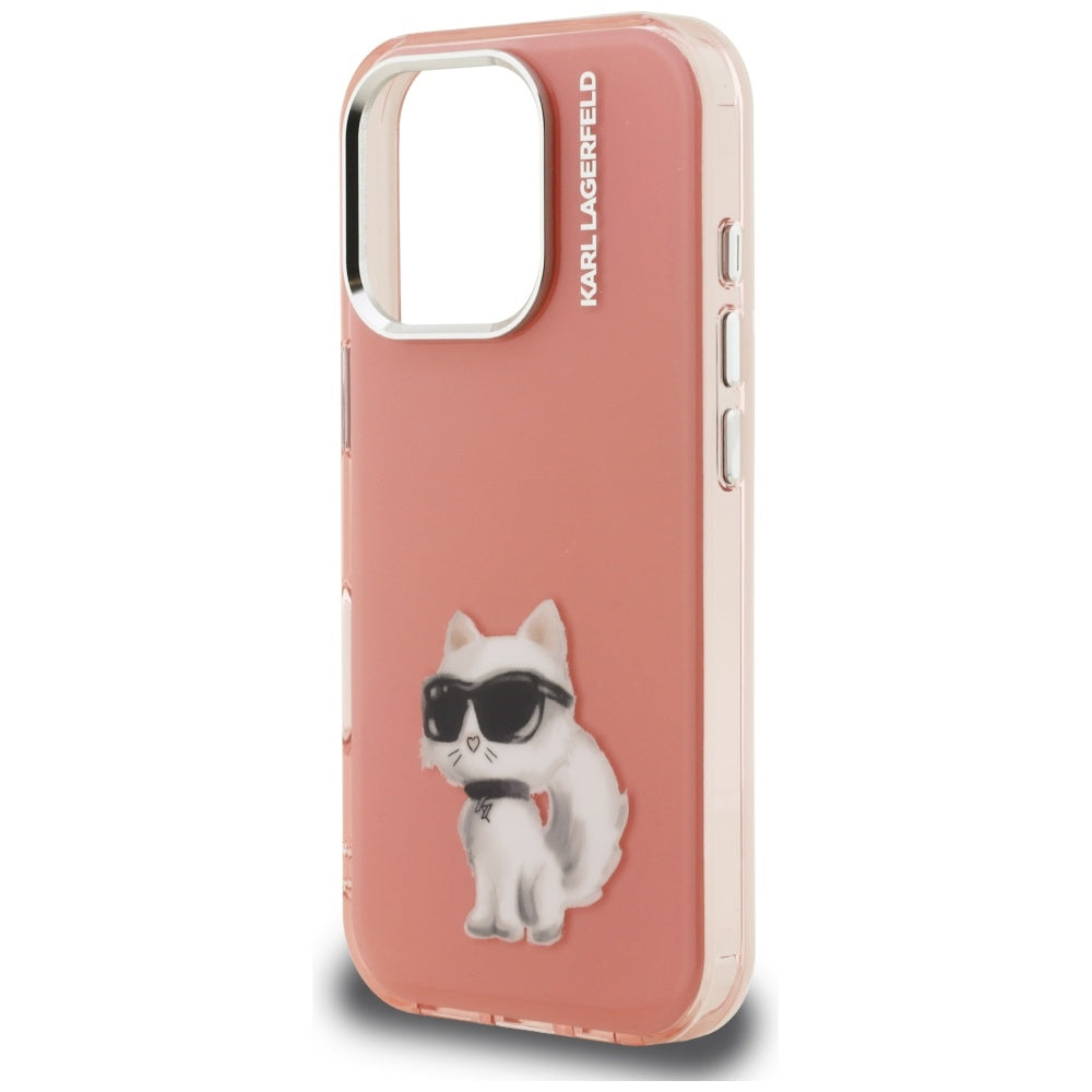 Hülle für Apple iPhone 16 Pro, Karl Lagerfeld, IML Aquarelle Logo Choupette, Rosa