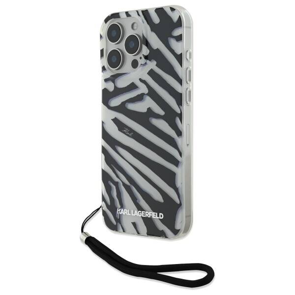 Hülle für Apple iPhone 16 Pro, Karl Lagerfeld, IML Luxury Zebra Muster mit Trageriemen, Schwarz