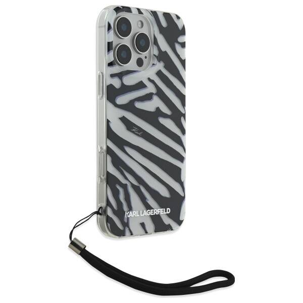 Hülle für Apple iPhone 16 Pro, Karl Lagerfeld, IML Luxury Zebra Muster mit Trageriemen, Schwarz