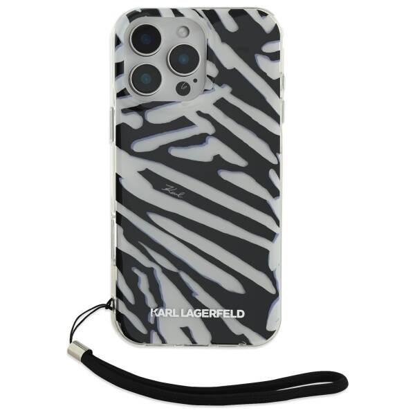 Hülle für Apple iPhone 16 Pro, Karl Lagerfeld, IML Luxury Zebra Muster mit Trageriemen, Schwarz