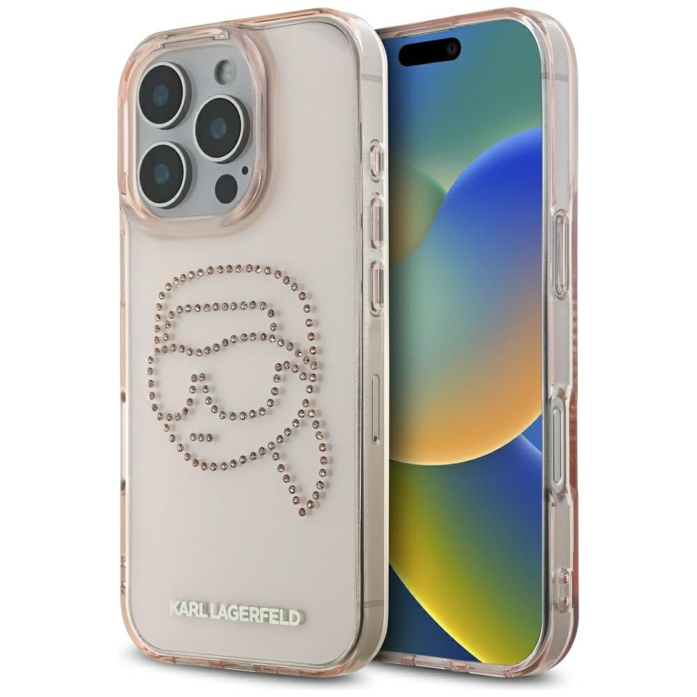 Hülle für Apple iPhone 16 Pro, Karl Lagerfeld, IML Rhinestones Karl's Head, Rosa