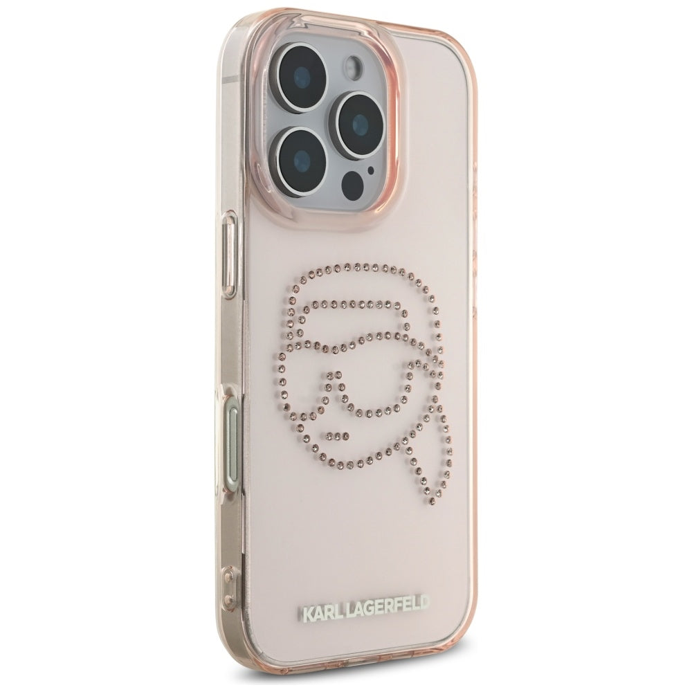 Hülle für Apple iPhone 16 Pro, Karl Lagerfeld, IML Rhinestones Karl's Head, Rosa