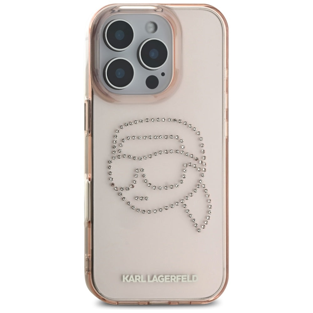 Hülle für Apple iPhone 16 Pro, Karl Lagerfeld, IML Rhinestones Karl's Head, Rosa
