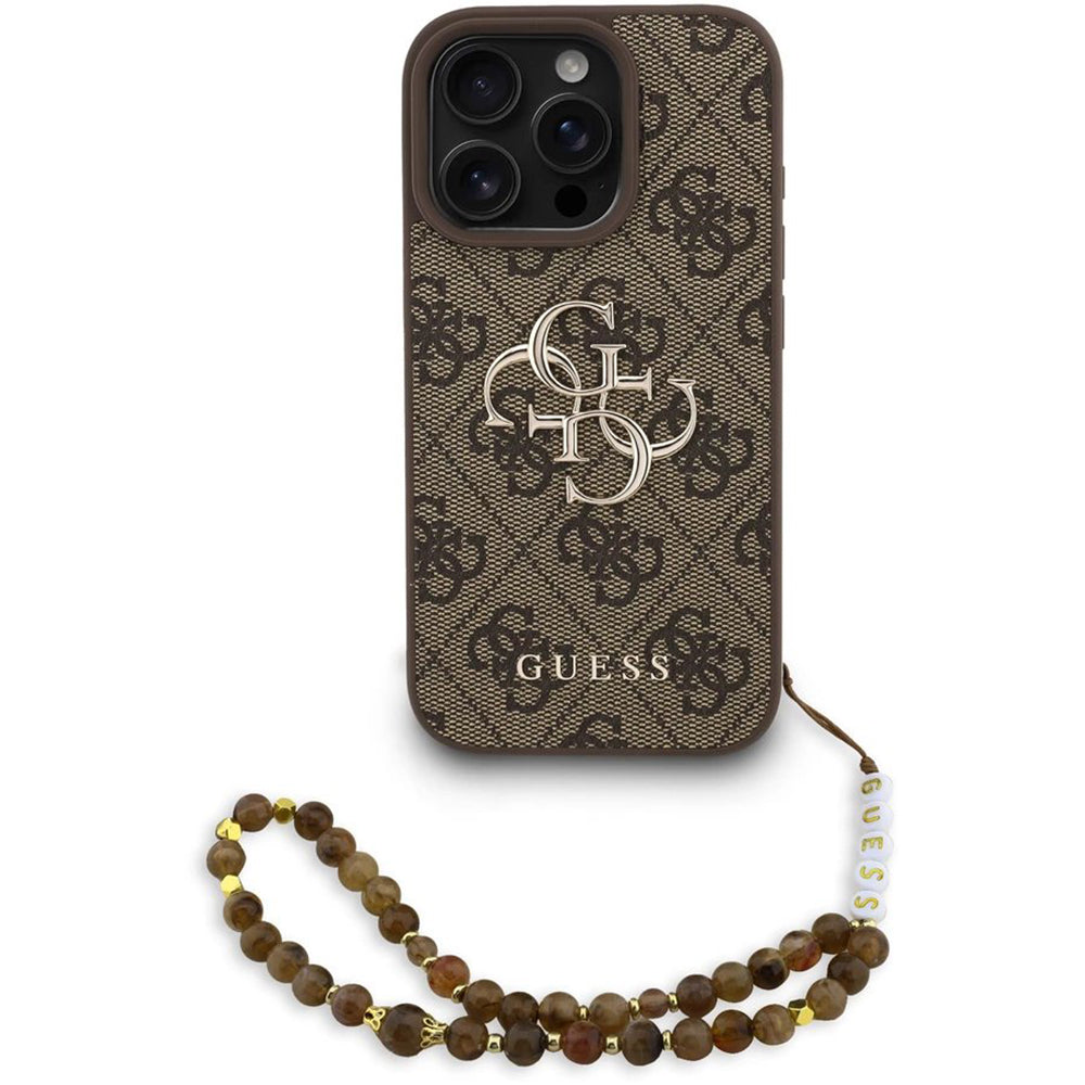 Hülle für Apple iPhone 16 Pro Max, Guess, 4G Classic Logo mit Trageriemen, Braun