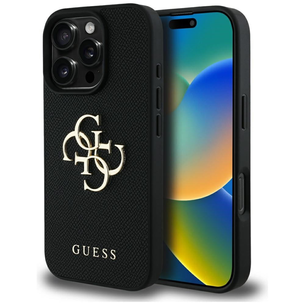 Hülle für Apple iPhone 16 Pro Max, Guess, Grained Big 4G Logo Small Classic Logo, Schwarz