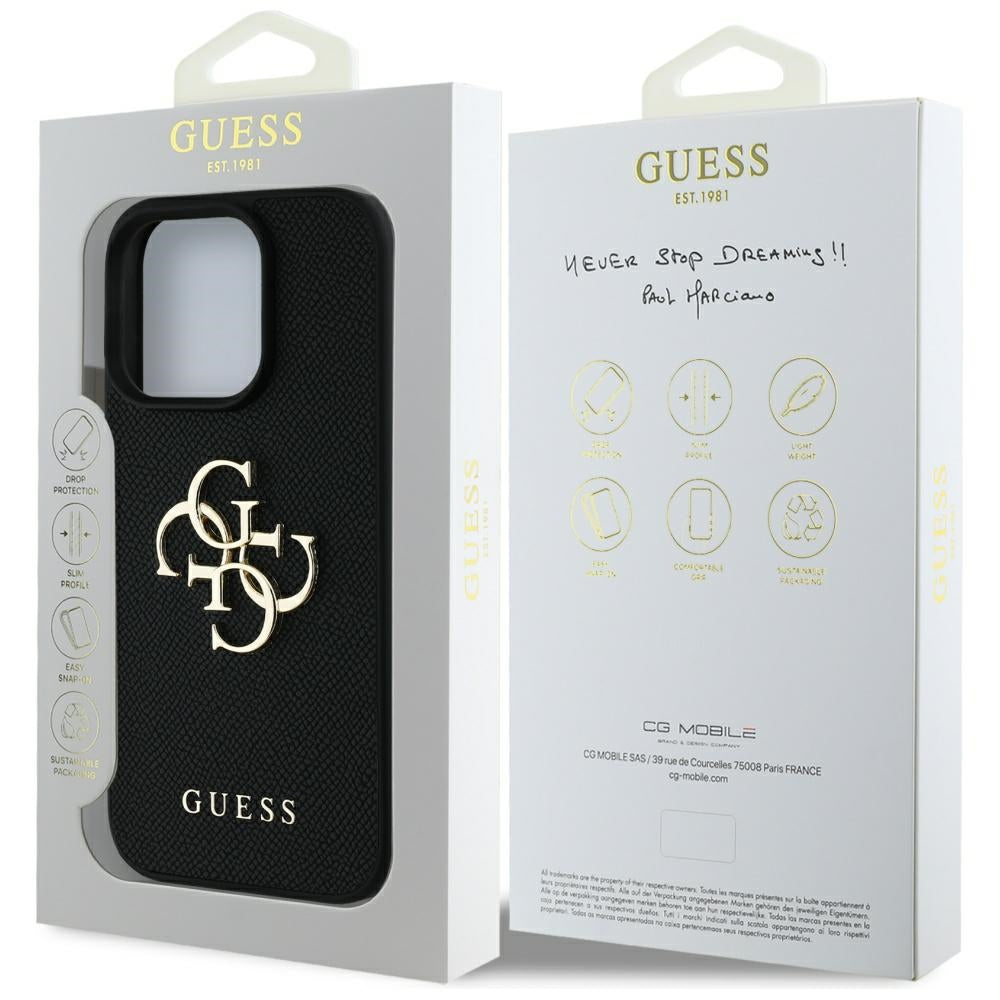 Hülle für Apple iPhone 16 Pro Max, Guess, Grained Big 4G Logo Small Classic Logo, Schwarz