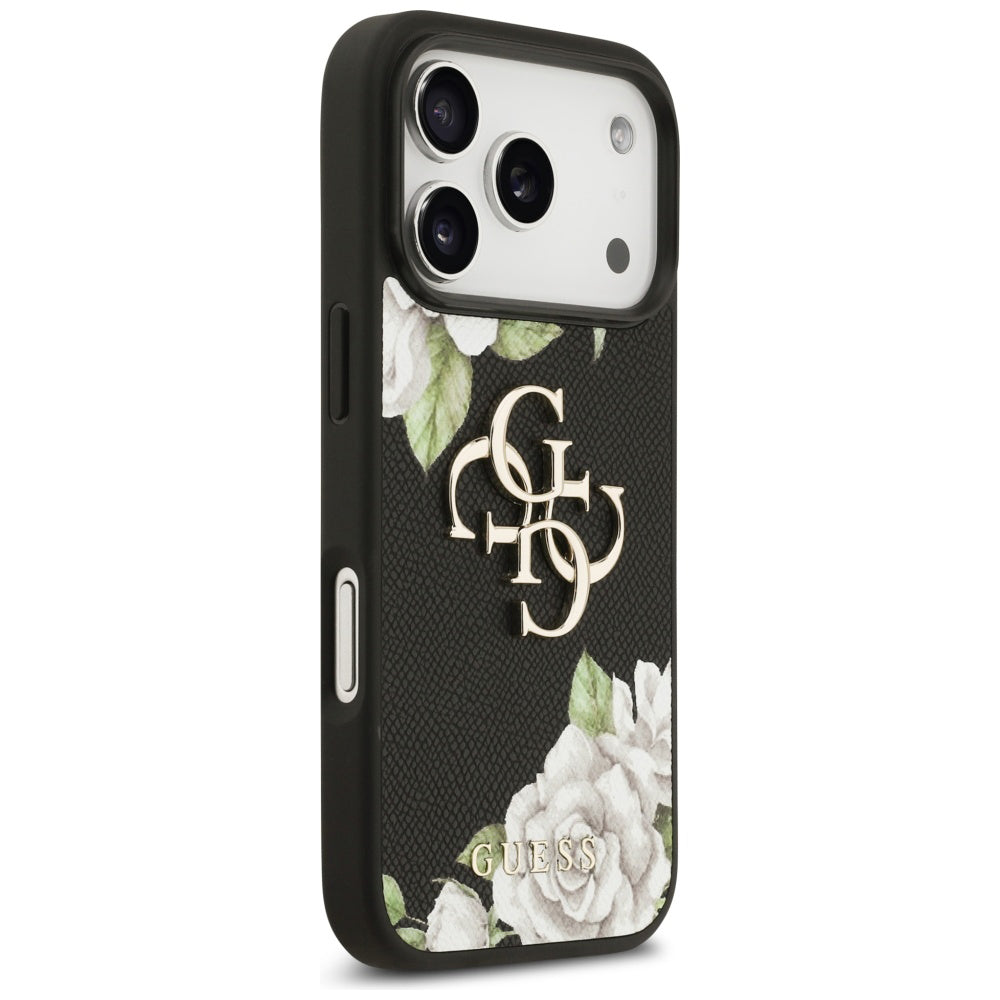 Hülle für Apple iPhone 17 Pro, Guess, 4G Grained Roses Big Logo, Schwarz