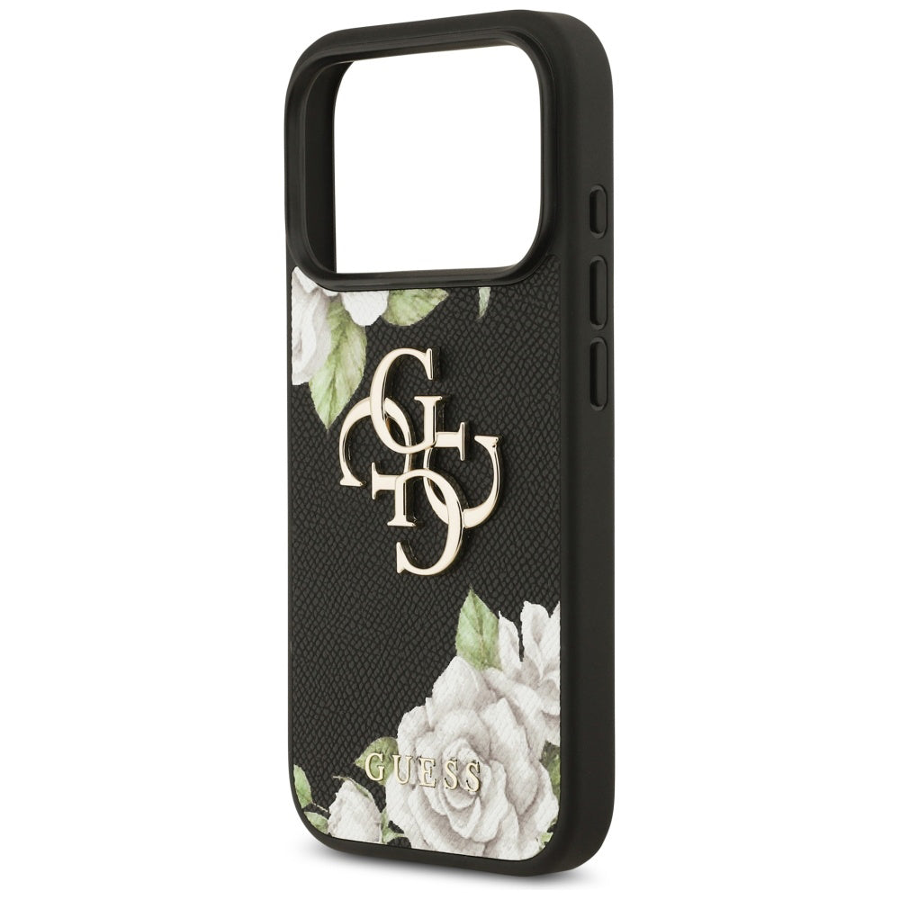 Hülle für Apple iPhone 17 Pro, Guess, 4G Grained Roses Big Logo, Schwarz