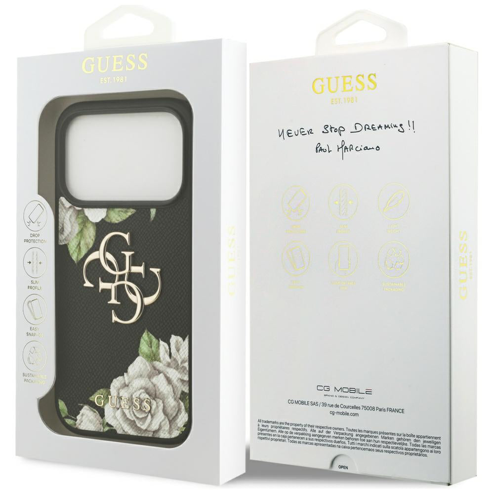 Hülle für Apple iPhone 17 Pro, Guess, 4G Grained Roses Big Logo, Schwarz