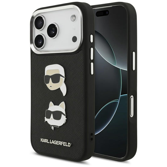 Hülle für Apple iPhone 17 Pro, Karl Lagerfeld, Grained Karl & Choupette's Heads Pins and Logo, Schwarz