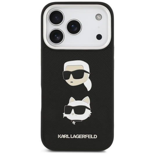 Hülle für Apple iPhone 17 Pro, Karl Lagerfeld, Grained Karl & Choupette's Heads Pins and Logo, Schwarz