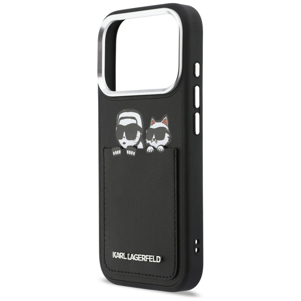 Hülle für Apple iPhone 17 Pro, Karl Lagerfeld, Karl & Choupette Print mit Tasche, Schwarz