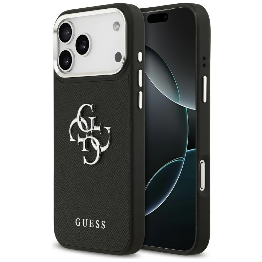 Hülle für Apple iPhone 17 Pro Max, Guess, 4G Grained Big and Classic Logo, Schwarz Silbern
