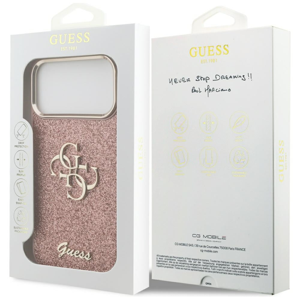 Hülle für Apple iPhone 17 Pro Max, Guess, Fixed Glitter Big 4G Metal Frame, Rosa