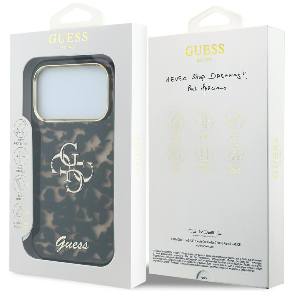 Hülle für Apple iPhone 18 Pro / 17 Pro, Guess, IML 4G Metal Script, Braun