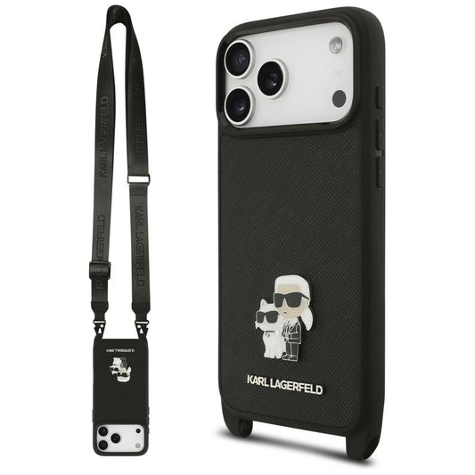 Hülle für Apple iPhone 18 Pro / 17 Pro, Karl Lagerfeld, Saffiano Crossbody Metal Pin Karl & Choupette, Schwarz