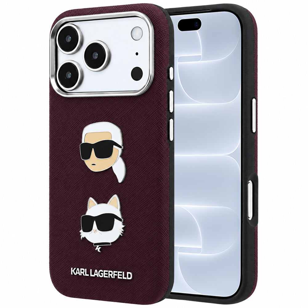 Hülle für Apple iPhone 18 Pro / 17 Pro, Karl Lagerfeld, Saffiano mit Karl & Choupette Kopf-Pin und Logo, Weinrot