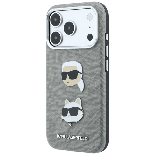 Hülle für Apple iPhone 18 Pro Max / 17 Pro Max, Karl Lagerfeld, Saffiano mit Karl & Choupette-Kopf-Pin und Logo, Grau