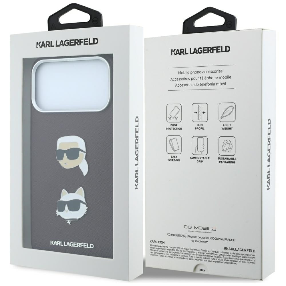Hülle für Apple iPhone 18 Pro Max / 17 Pro Max, Karl Lagerfeld, Saffiano mit Karl & Choupette Kopf-Pin und Logo, Weinrot