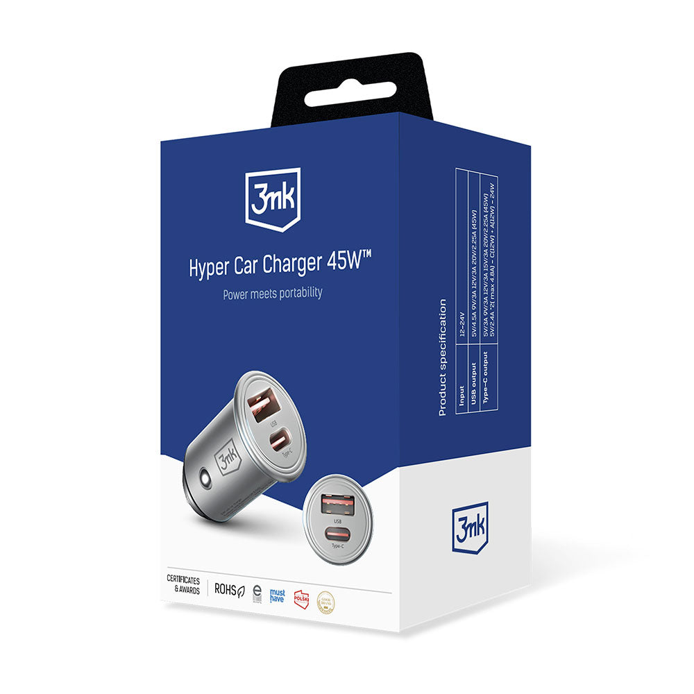 Autoladegerät 3MK Hyper, 45W, 3A, 1 x USB-A - 1 x USB-C, Silber