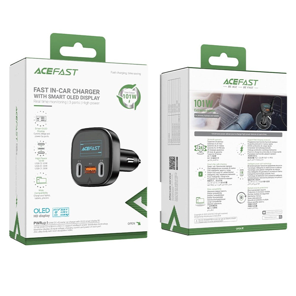 Auto-Ladegerät Acefast B5 Display, 101W, 5A, 1 x USB-A - 2 x USB-C, Schwarz