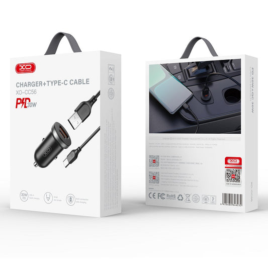 Auto-Ladegerät mit USB-C Kabel XO Design CC56, 30W, 3A, 1 x USB-A - 1 x USB-C, Schwarz