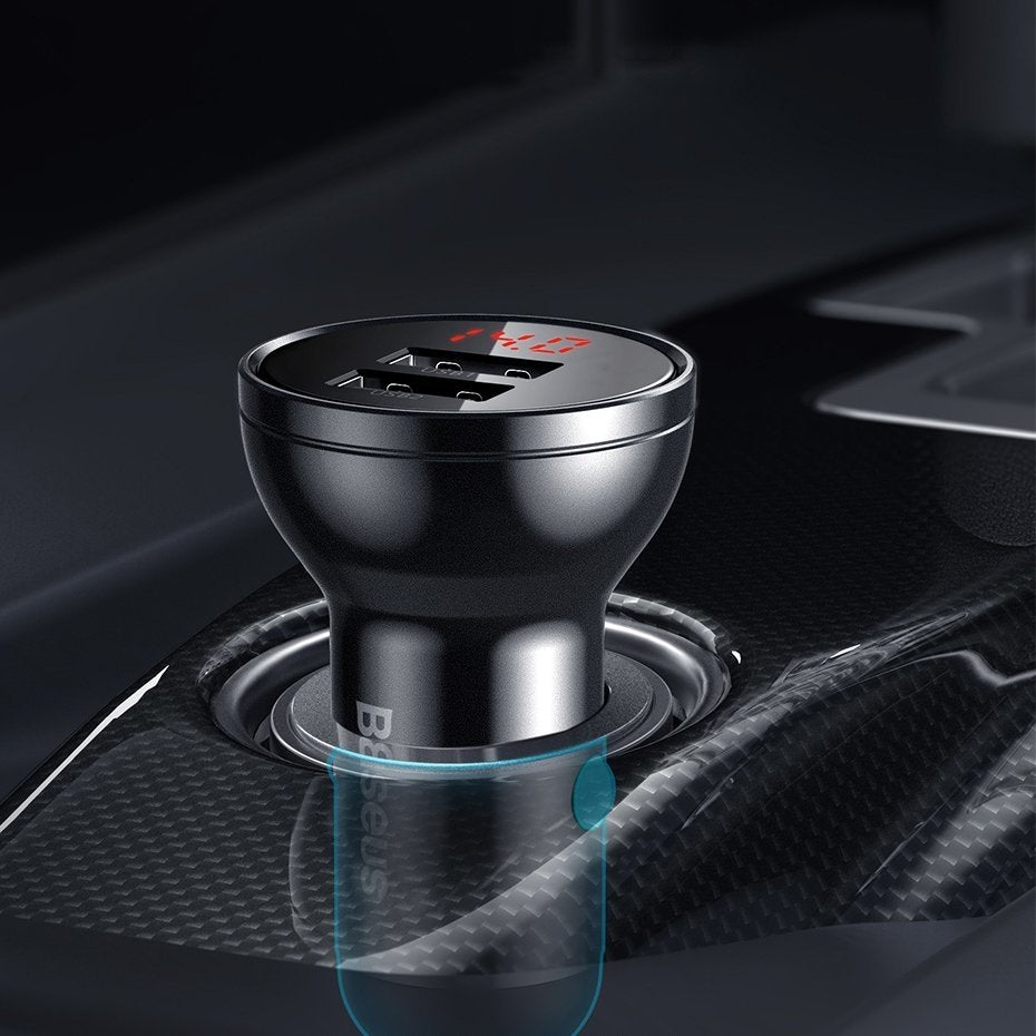 Car Charger with Lightning - microUSB - USB-C Cable Baseus Digital Display, 24W, 2.4A, 2 x USB-A, Grey TZCCBX-0G