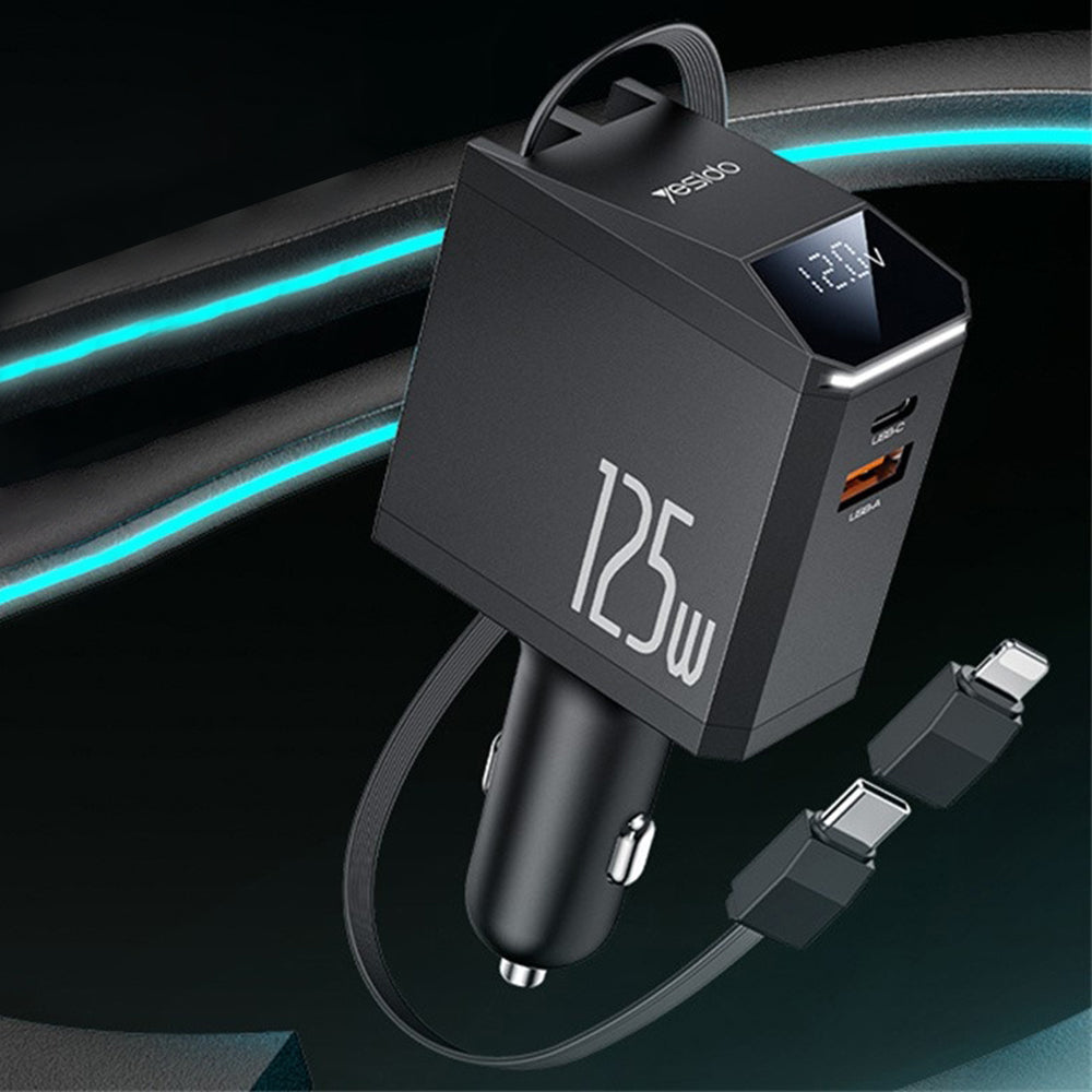 Car Charger with USB-C / Lightning Cable Yesido Y71 Display, 125W, 3A, 1 x USB-A - 1 x USB-C, Black