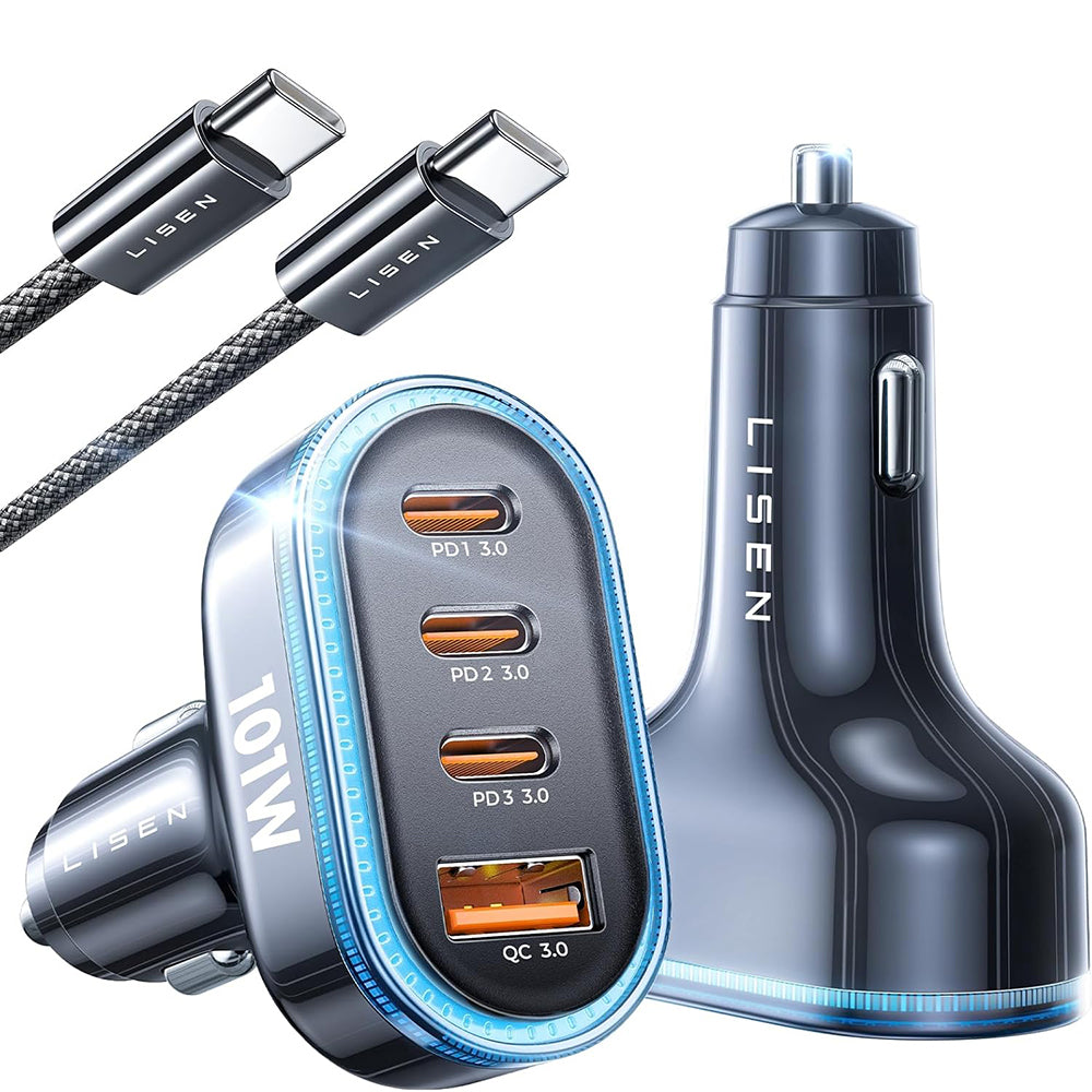 Auto-Ladegerät mit USB-C Kabel Lisen, 101W, 3.25A, 1 x USB-A - 3 x USB-C, Schwarz YL0223120021