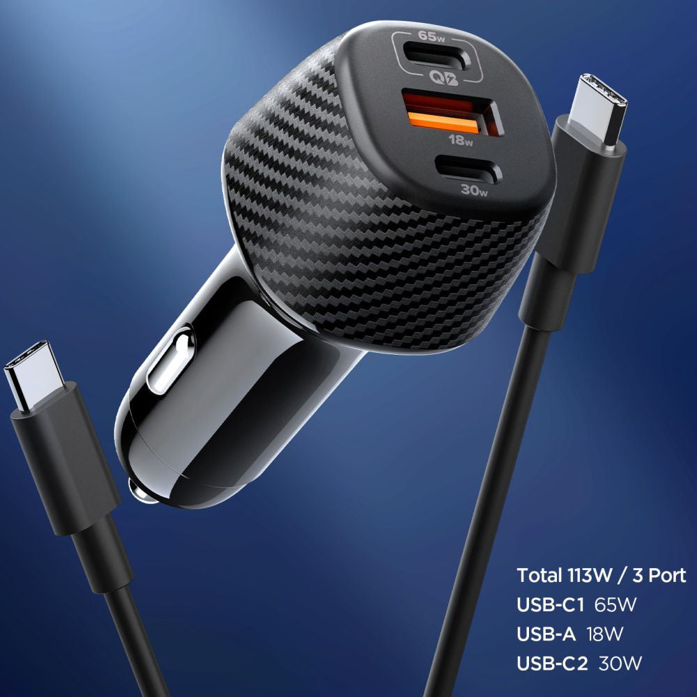 Auto-Ladegerät mit USB-C Kabel Spigen EV1133, 113W, 3.25A, 1 x USB-A - 2 x USB-C, Schwarz